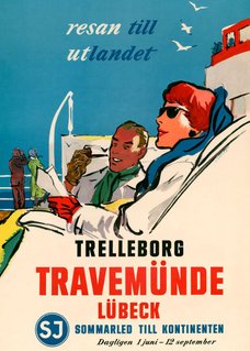Par i solstolar, Trelleborg - Travemünde. SJ.  Erik Heffer, 1954 Affisch, retro-poster, reseaffisch Vintage, turist poster turistaffisch, Sverigeaffisch, sverigeposter