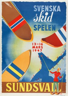 Skidspelen i Sundsvall. Konstnär Sven Sidén, 1947, retro reseaffisch Vintage, turist poster turistaffisch, Sverigeaffisch, sverigeposter