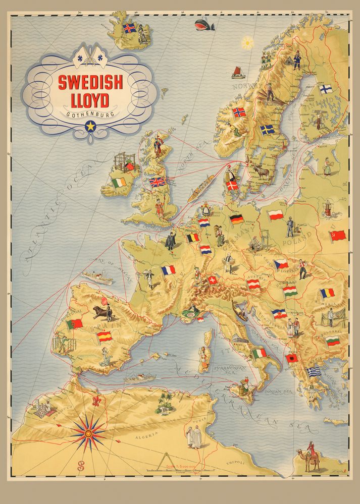 karta europa på svenska Svenska Lloyd. Karta över Europa. 1940 tal   vintageart.se